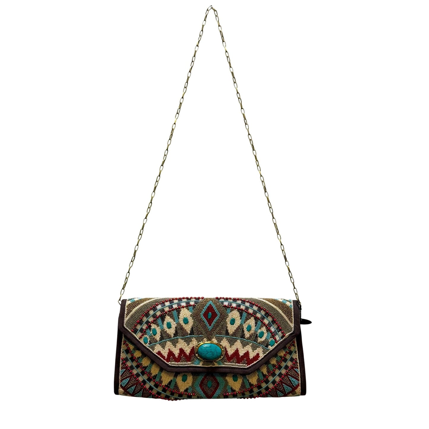 Mary Frances Turquoise Power Beaded Clutch Bag With Chain Strap