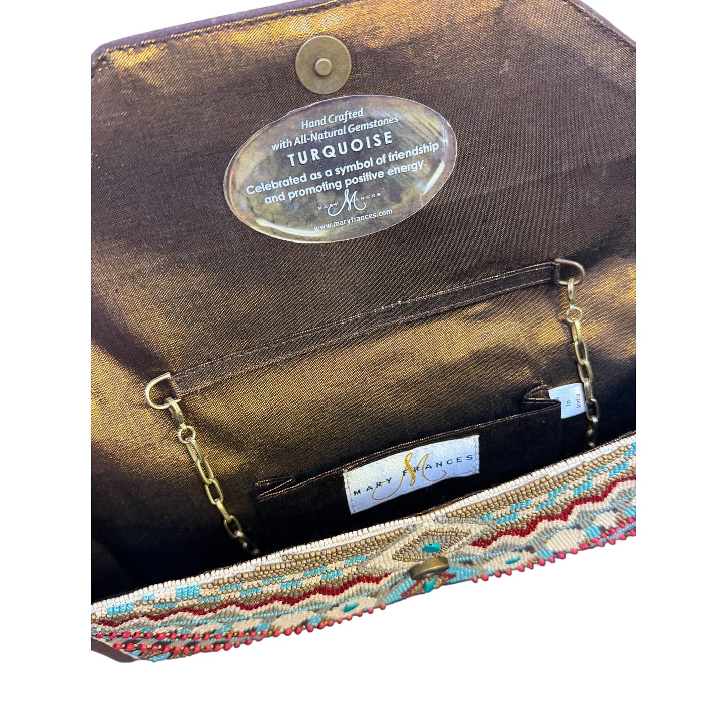 Mary Frances Turquoise Power Beaded Clutch Bag With Chain Strap