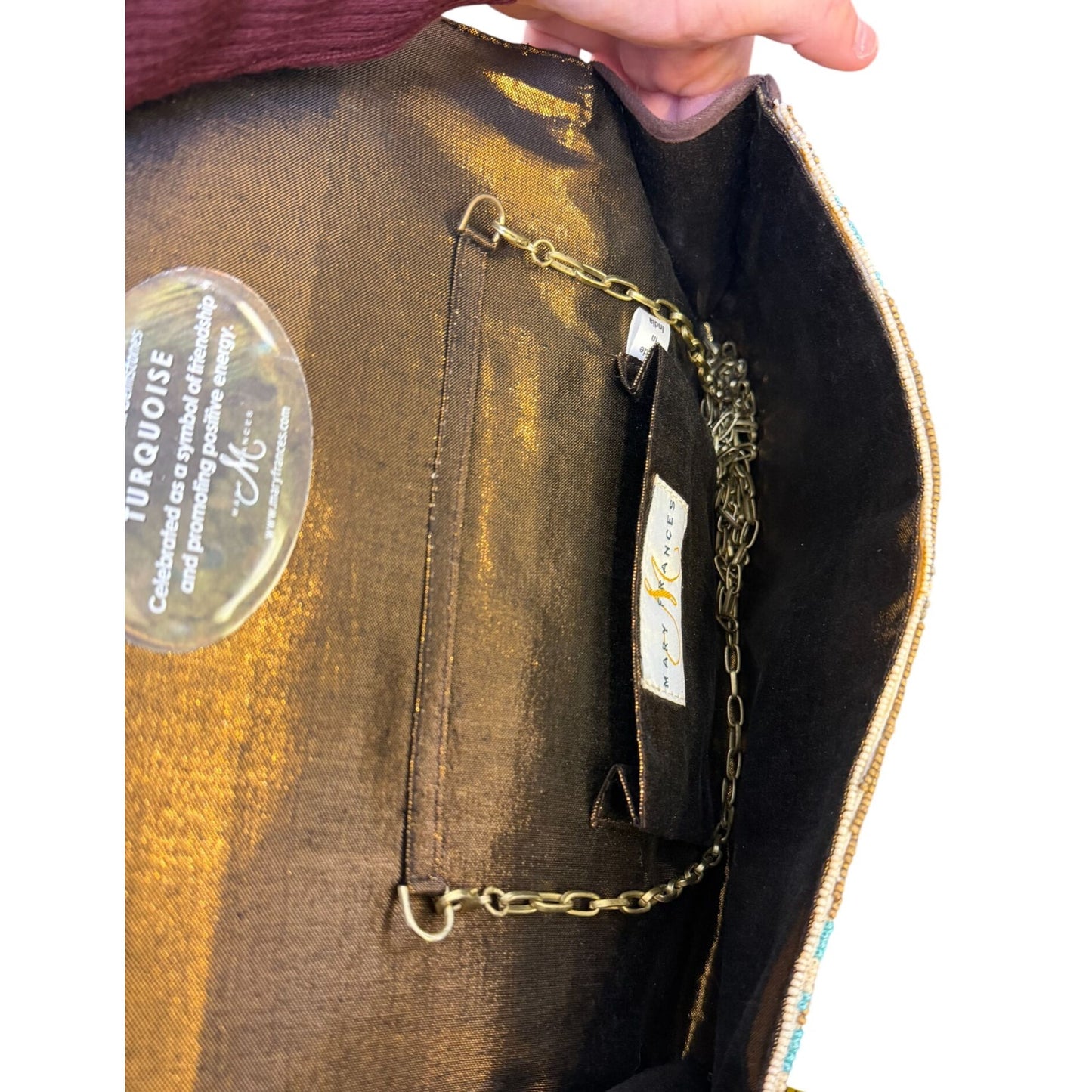 Mary Frances Turquoise Power Beaded Clutch Bag With Chain Strap