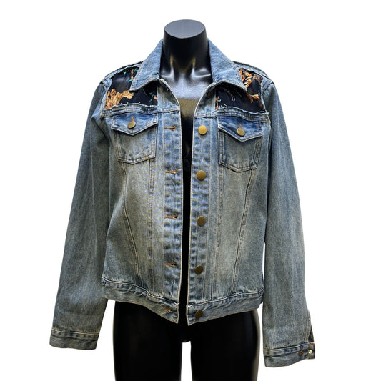 Reba Denim Jacket With Embroidered Floral Back Panel & Bronze Buttons M
