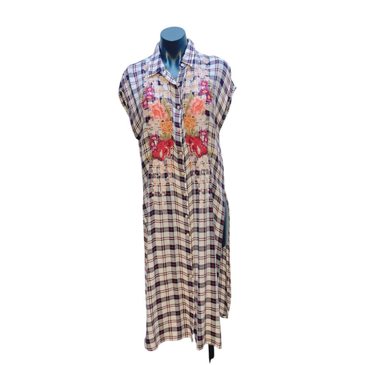 Johnny Was Plaid Sleeveless Shirt Dress With Floral Embroidery S