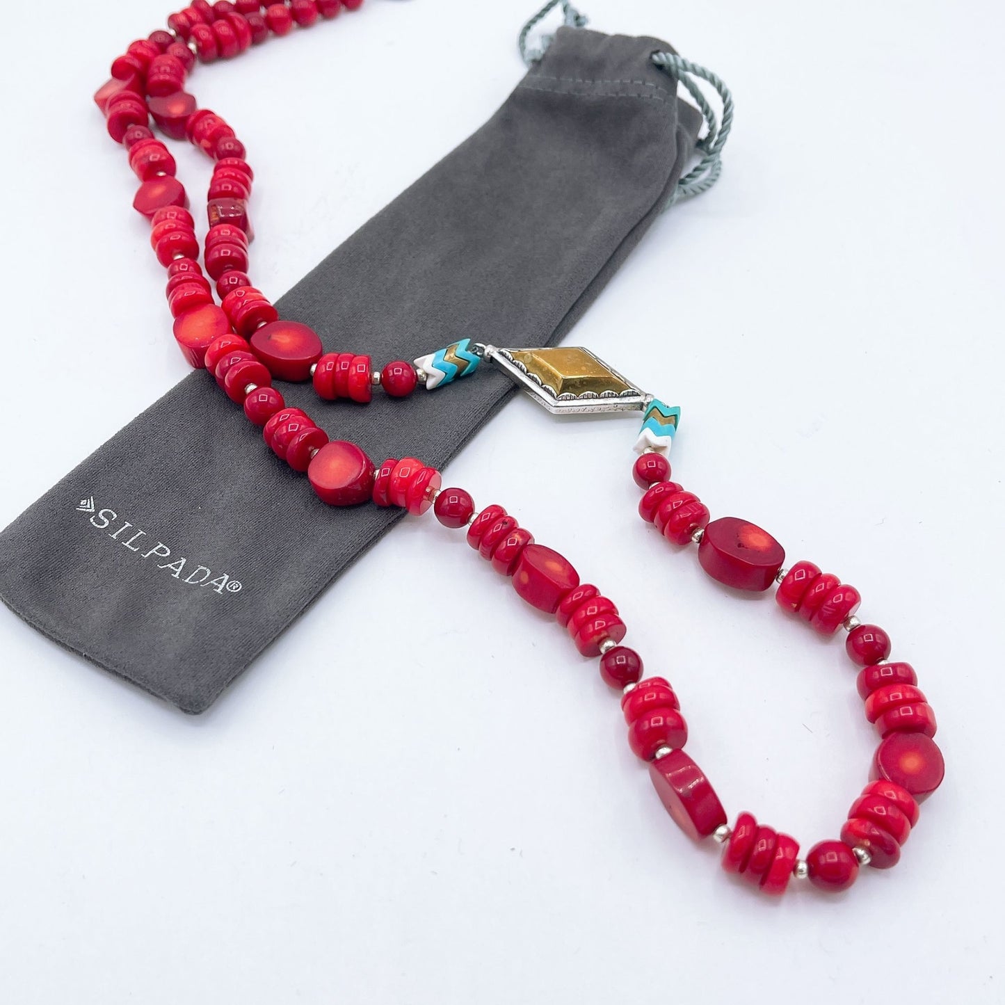 Silpada 925 Red Coral Turquoise Howlite Brass Necklace 30"