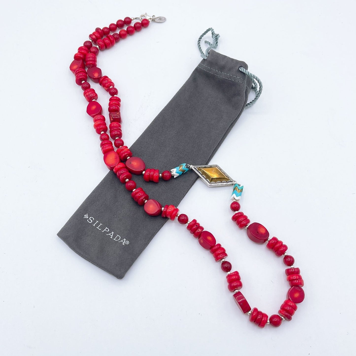 Silpada 925 Red Coral Turquoise Howlite Brass Necklace 30"