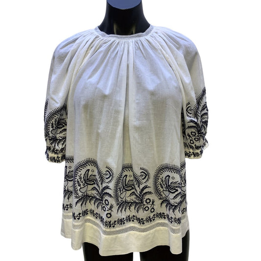 *Ulla Johnson White & Navy Cotton Embroidered Blouse Size 8