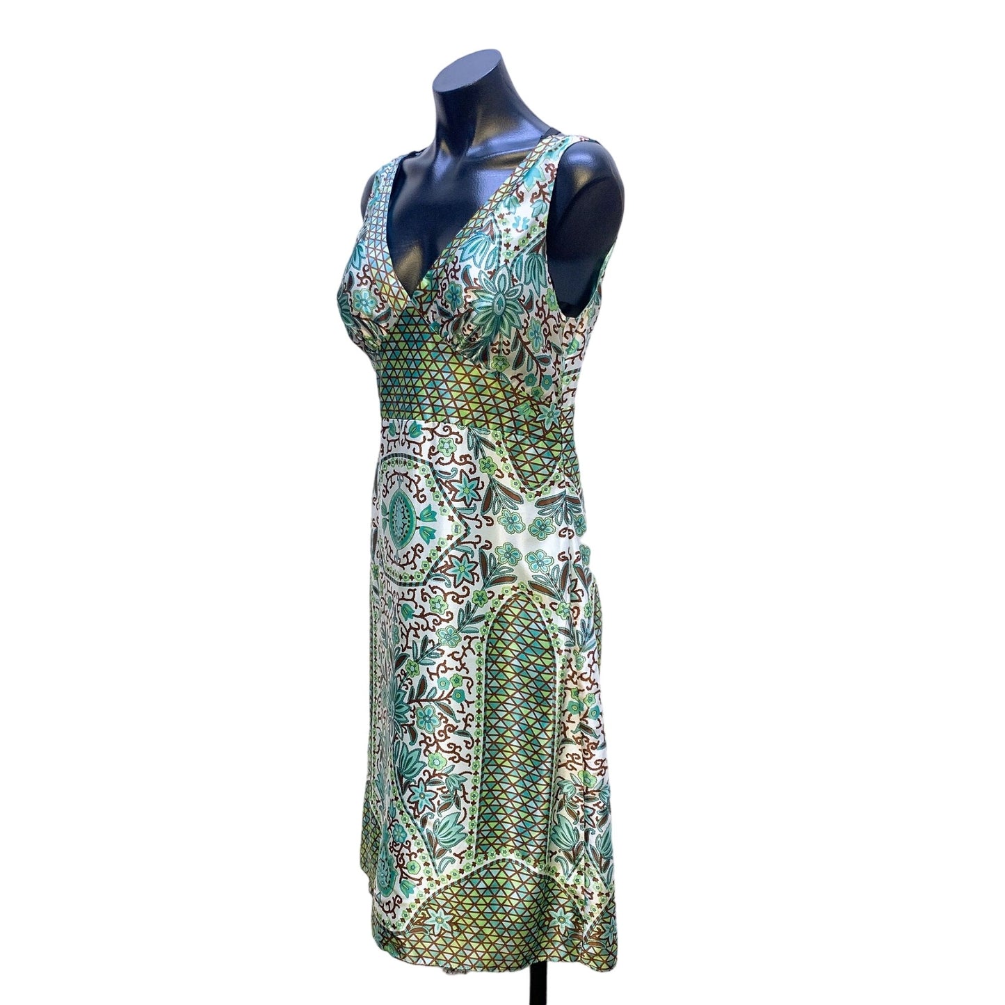 Nicole By Nicole Miller Women's Silk Dress 8 Green/Blue Floral Print Sleeveless V-Neck