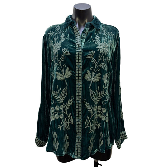 Johnny Was Teal Velvet Embroidered Button-Up Blouse Size M