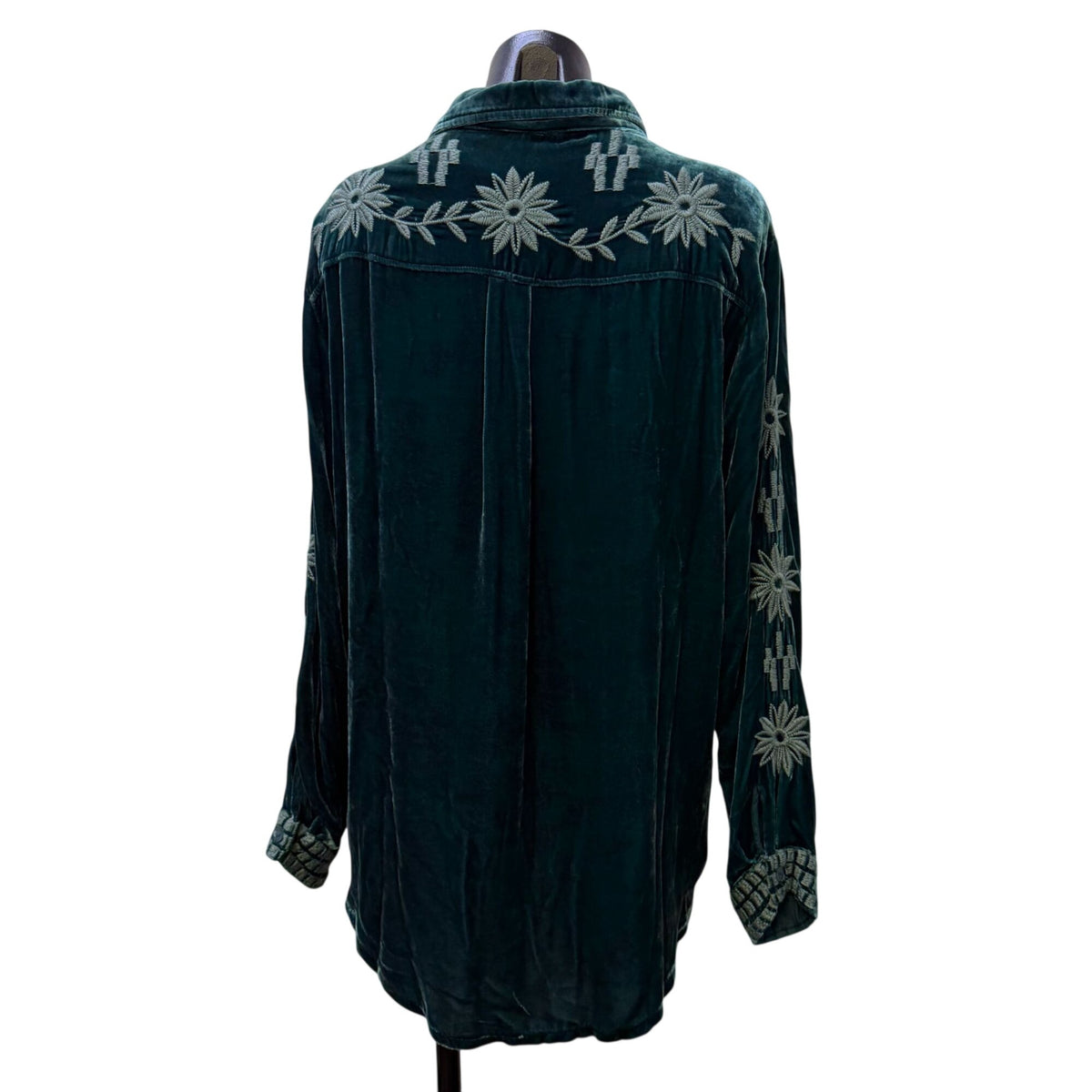 Johnny Was Teal Velvet Embroidered Button-Up Blouse Size M