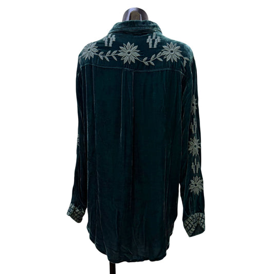 Johnny Was Teal Velvet Embroidered Button-Up Blouse Size M