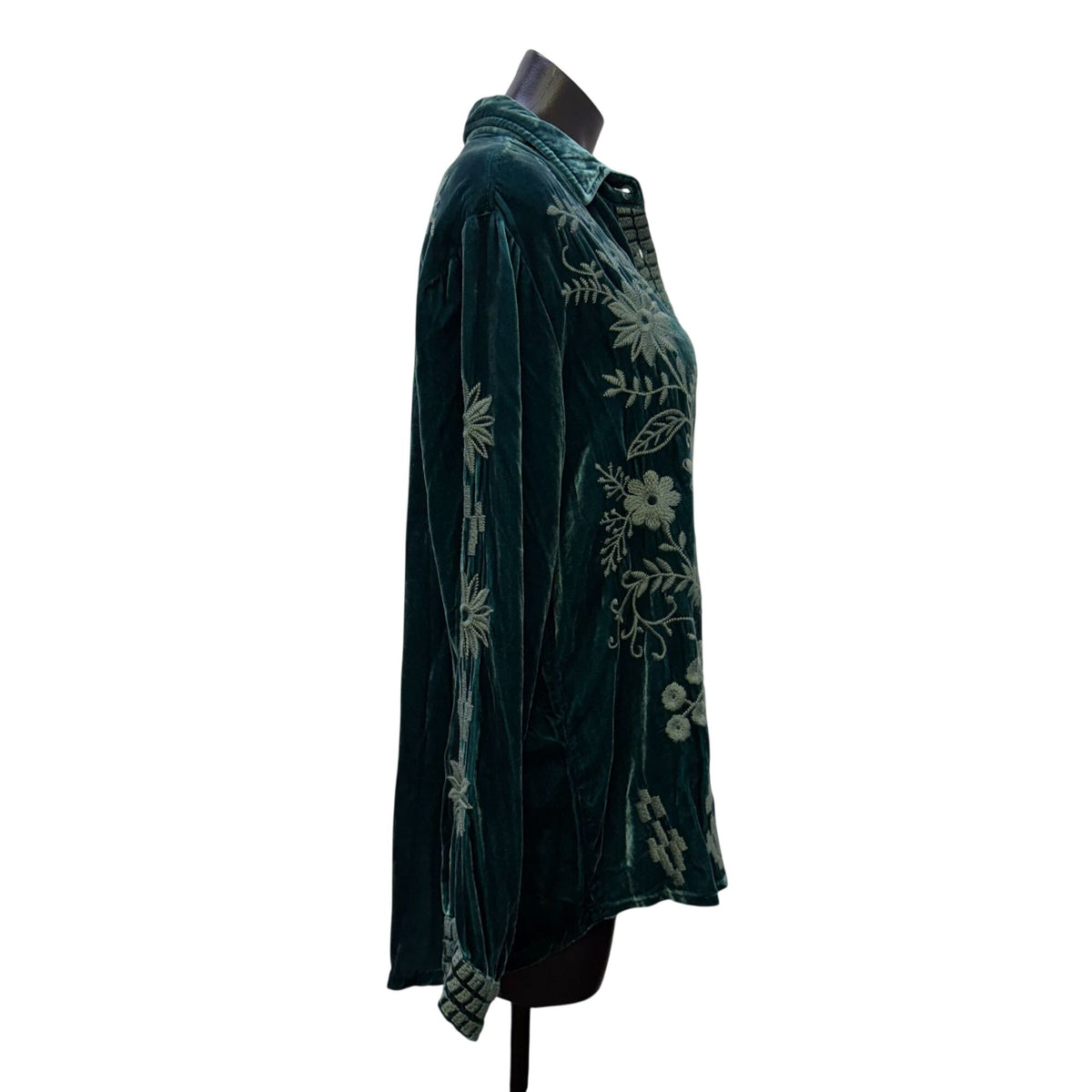 Johnny Was Teal Velvet Embroidered Button-Up Blouse Size M