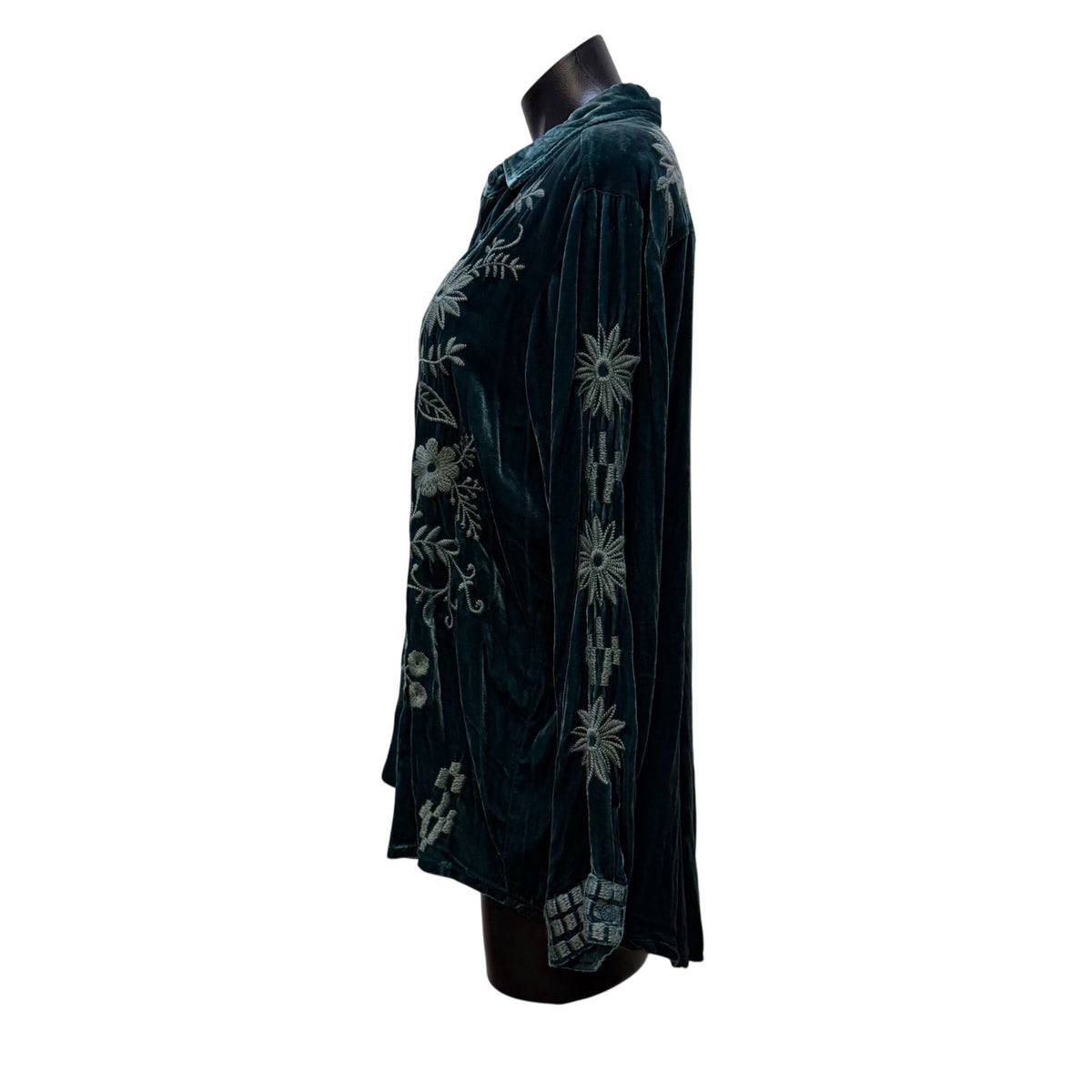 Johnny Was Teal Velvet Embroidered Button-Up Blouse Size M
