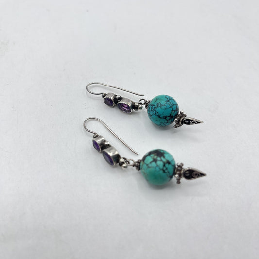 Vintage 925 Sterling Silver Turquoise & Amethyst Dangle Earrings