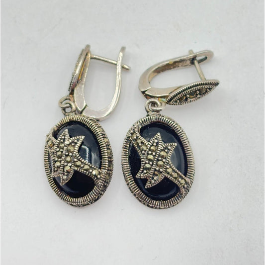 Vintage Sterling Silver & Onyx Dangle Earrings