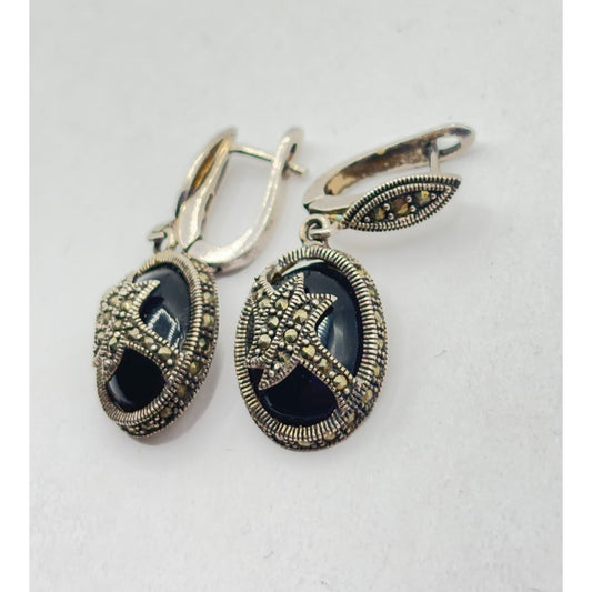 Vintage Sterling Silver & Onyx Dangle Earrings