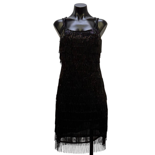 J Harris Black Beaded Fringe Cocktail Dress Vintage Design XS