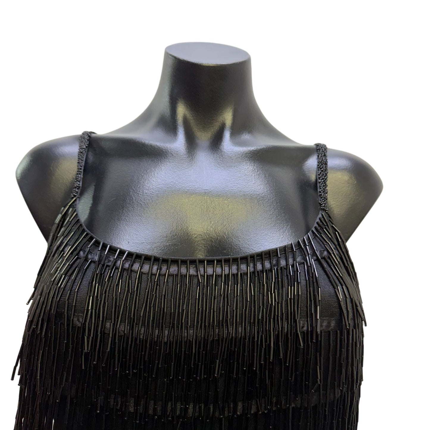 J Harris Black Beaded Fringe Cocktail Dress Vintage Design XS