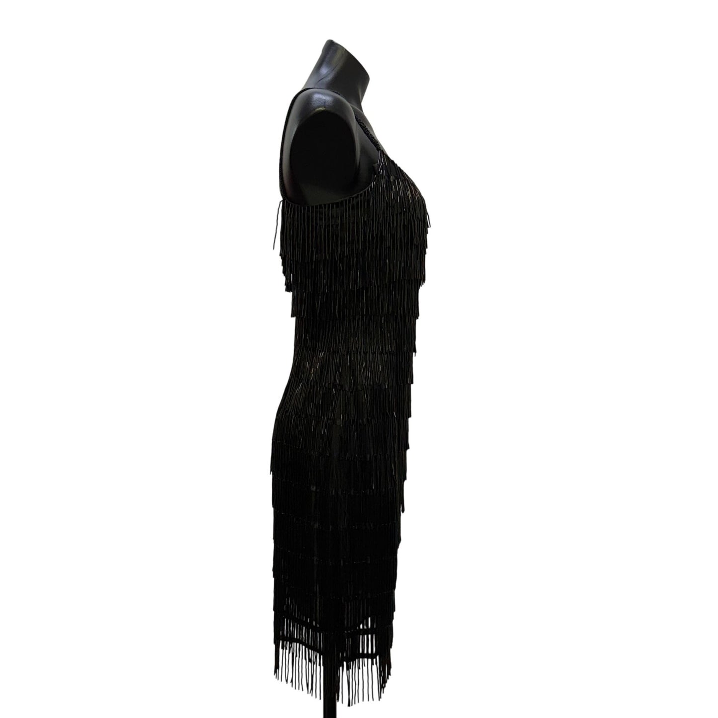 J Harris Black Beaded Fringe Cocktail Dress Vintage Design XS