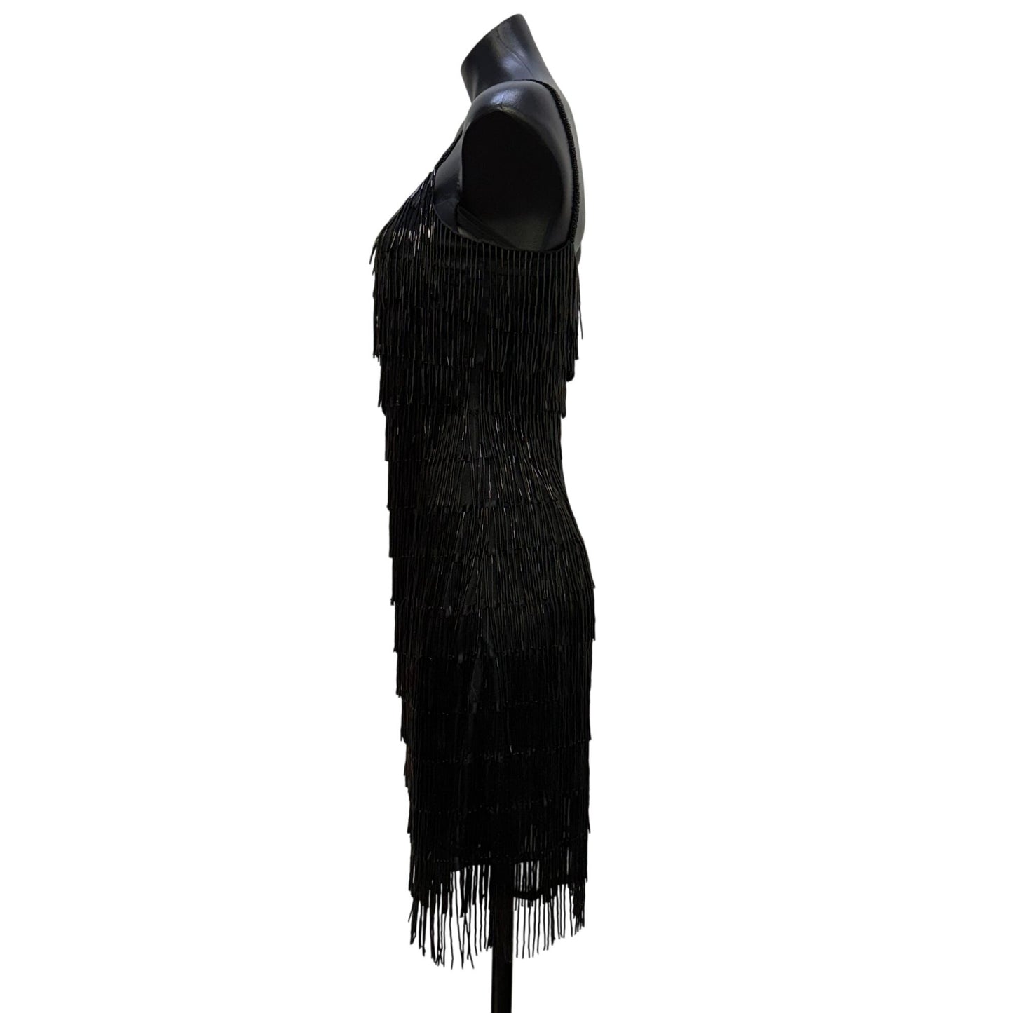 J Harris Black Beaded Fringe Cocktail Dress Vintage Design XS