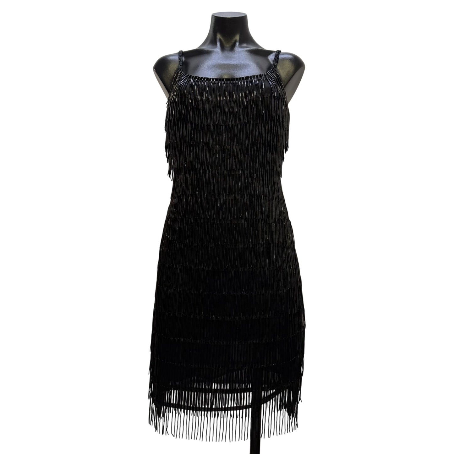 J Harris Black Beaded Fringe Cocktail Dress Vintage Design XS