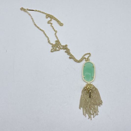 Gold Kendra Scott Necklace With Green Stone & Tassel Pendant
