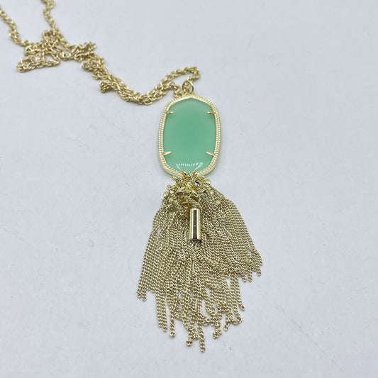Gold Kendra Scott Necklace With Green Stone & Tassel Pendant