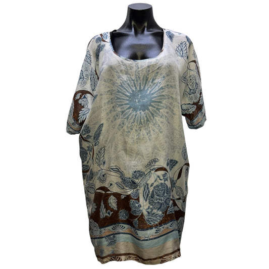 Johnny Was  Blue & Brown Tunic Top Short Sleeves Size S