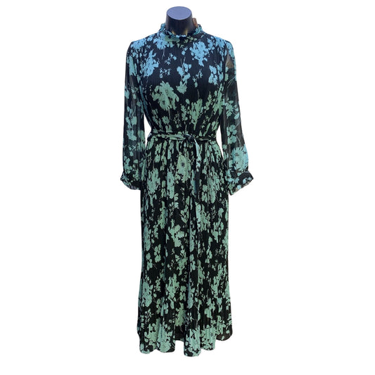 Zara NWT Black & Turquoise Pleated Print Dress w/ Self Belt Size Medium