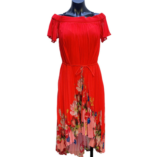 Ted Baker London NWT Red/Multi-colored High-low Pleated Dress w/Self Belt Size Small