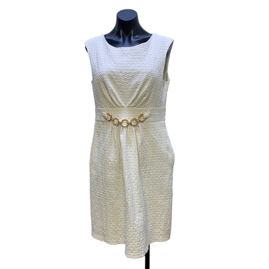 Sandra Darren White Textured Sleeveless Dress With Gold Chain Accent 14