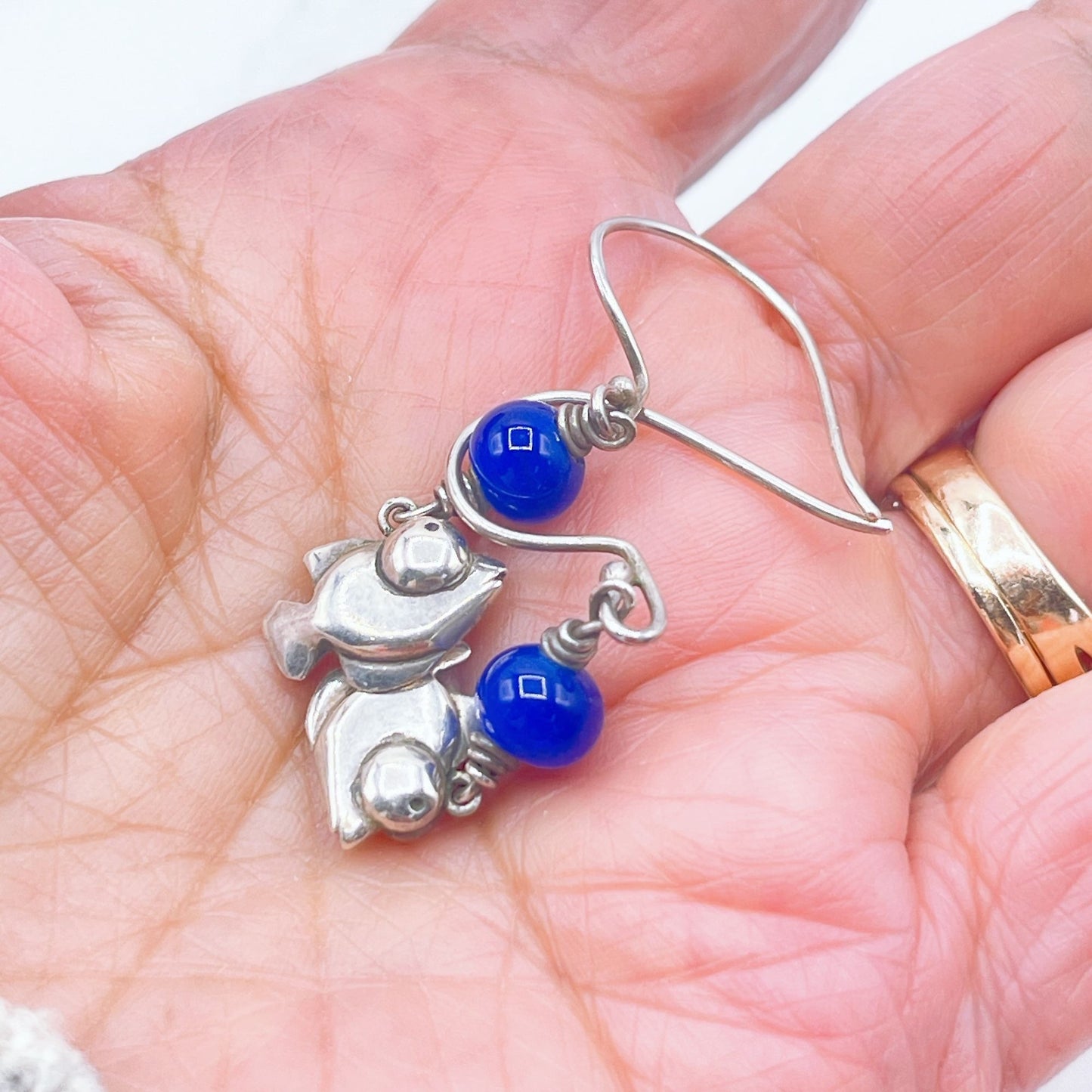 Vintage 925 Sterling Silver & Blue Bead Fish Earrings