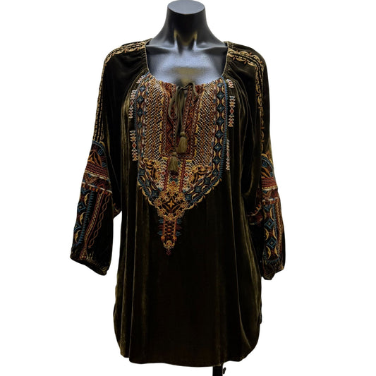Johnny Was Embroidered Velvet Boho Tunic Blouse With Green Multi Size M