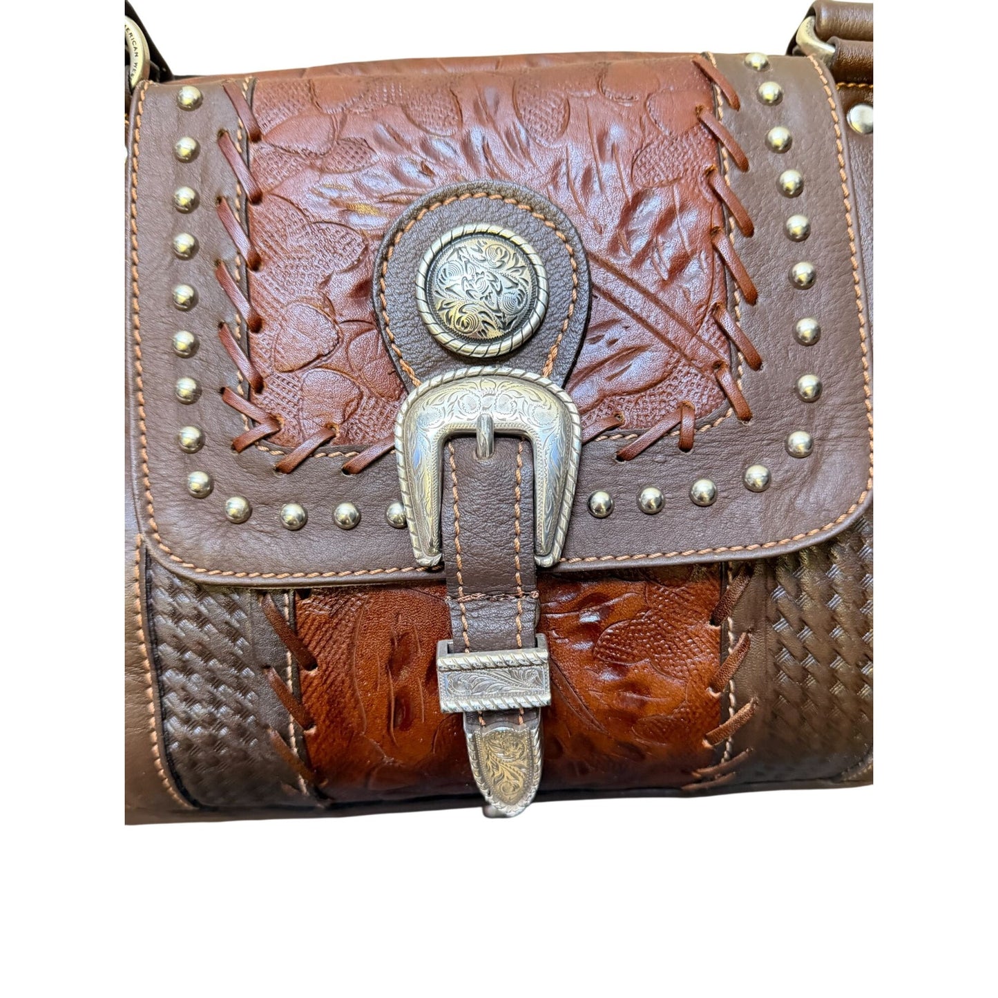 American West Overnight Tote Brown Retro Romance Rodeo Bag Tooled Leather