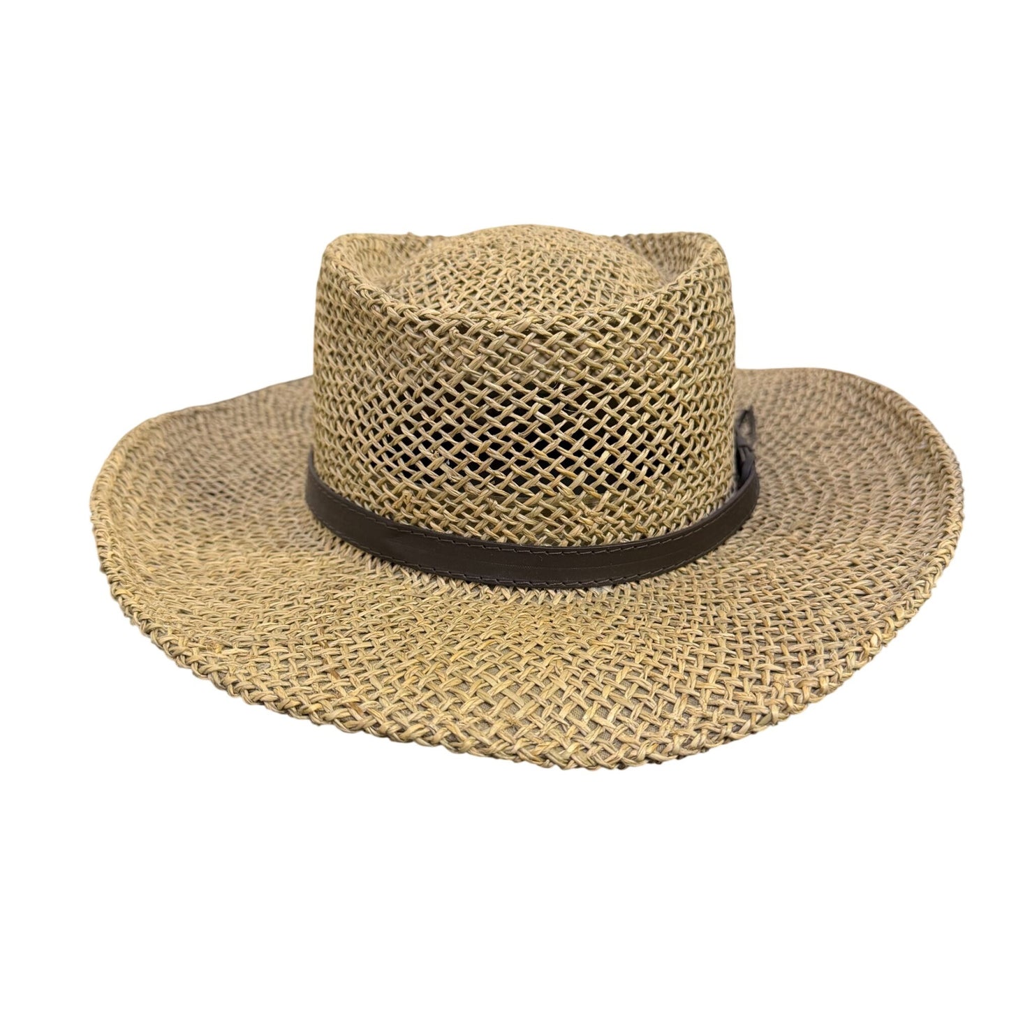 Stetson Straw Hat Brown Wide Brim With Leather Band S/M