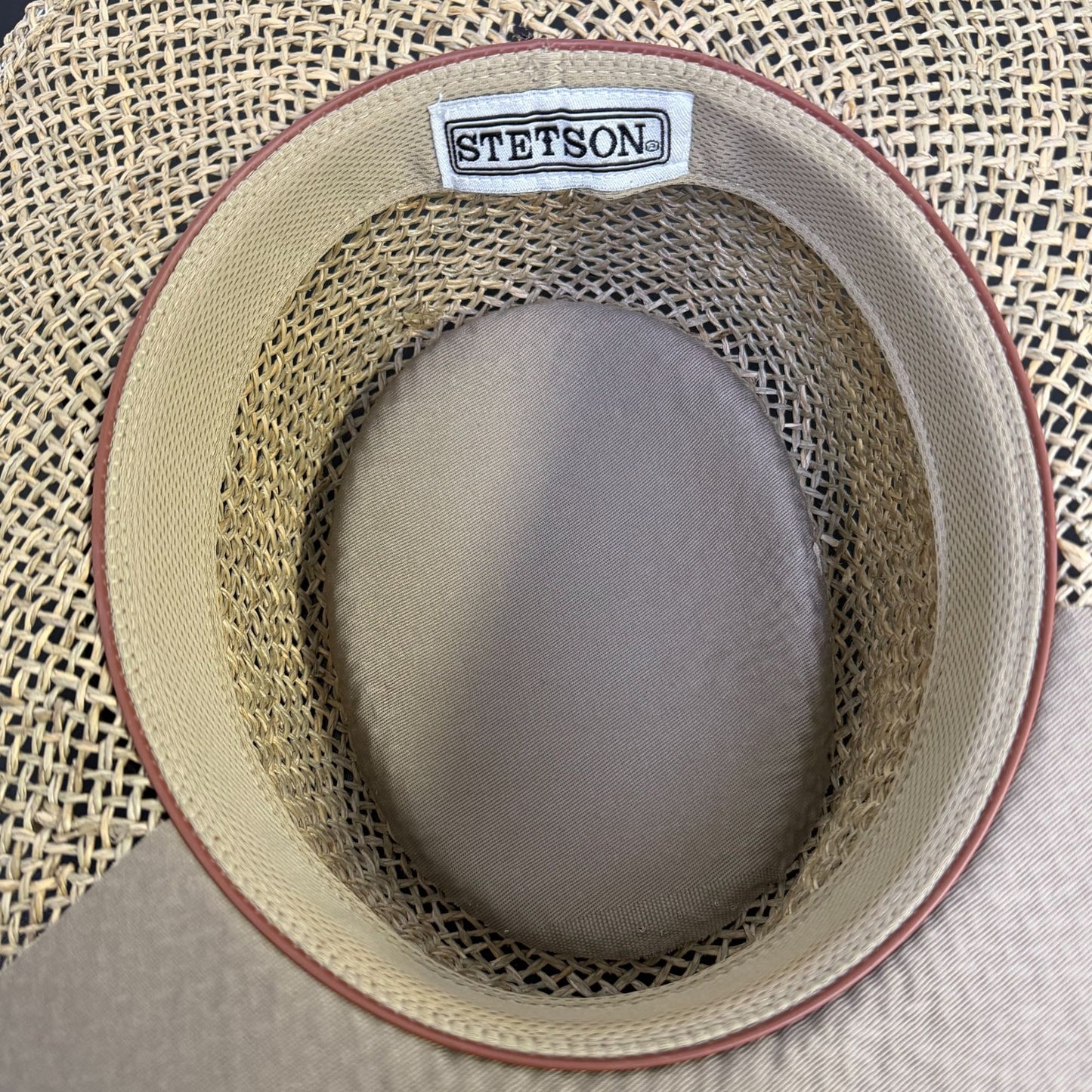 Stetson Straw Hat Brown Wide Brim With Leather Band S/M