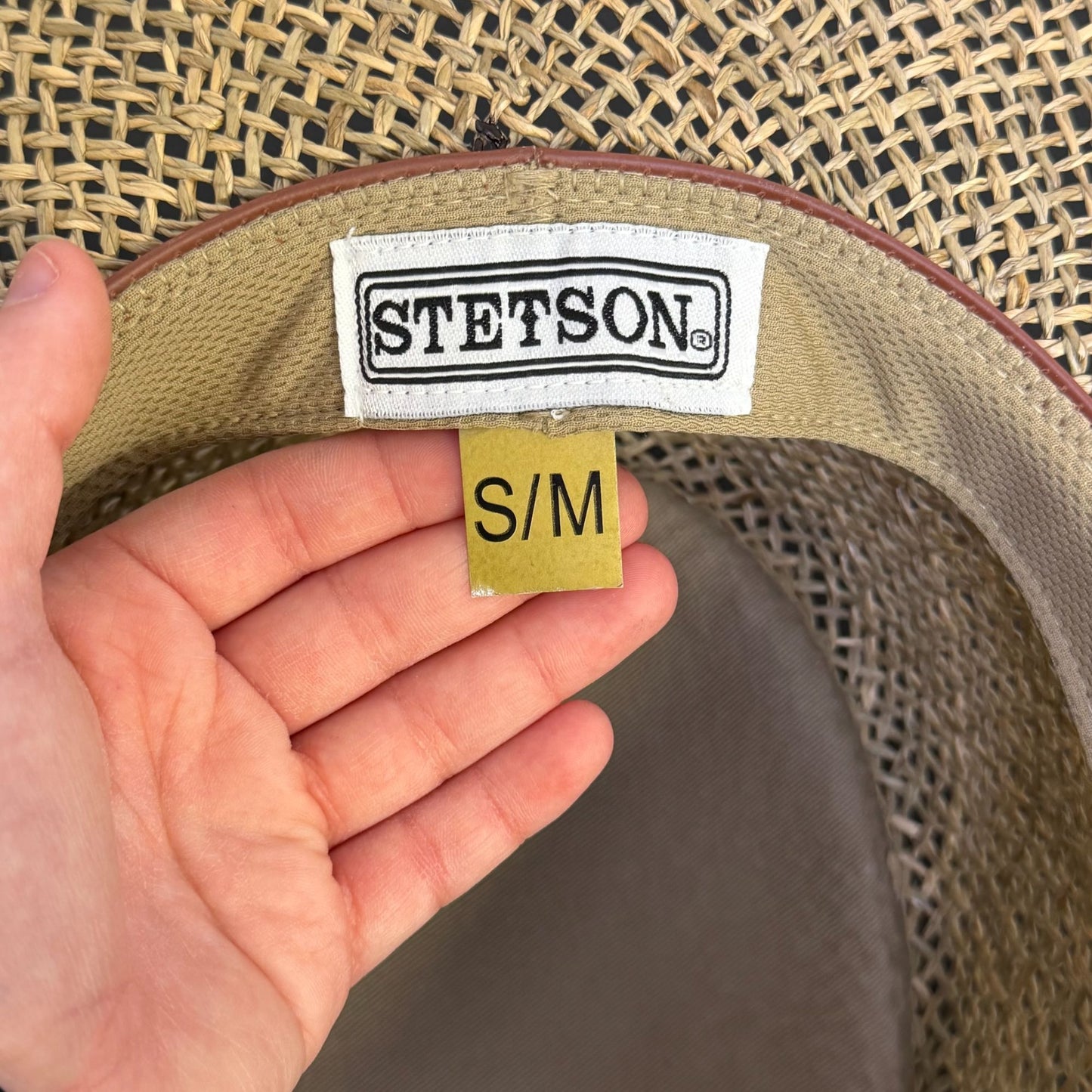 Stetson Straw Hat Brown Wide Brim With Leather Band S/M
