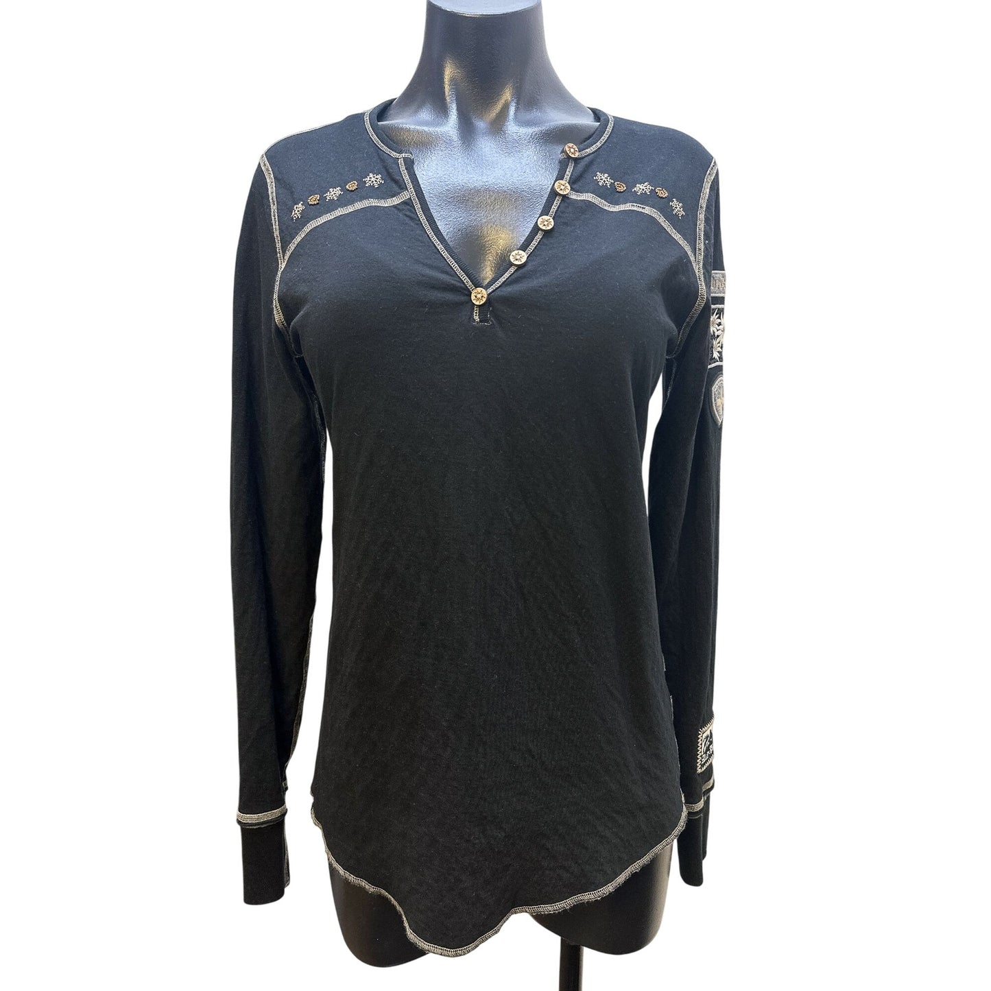 Alp-N-Rock Black w/Ecru Embroidery & Gold Beading  V-neck Blouse Size Large