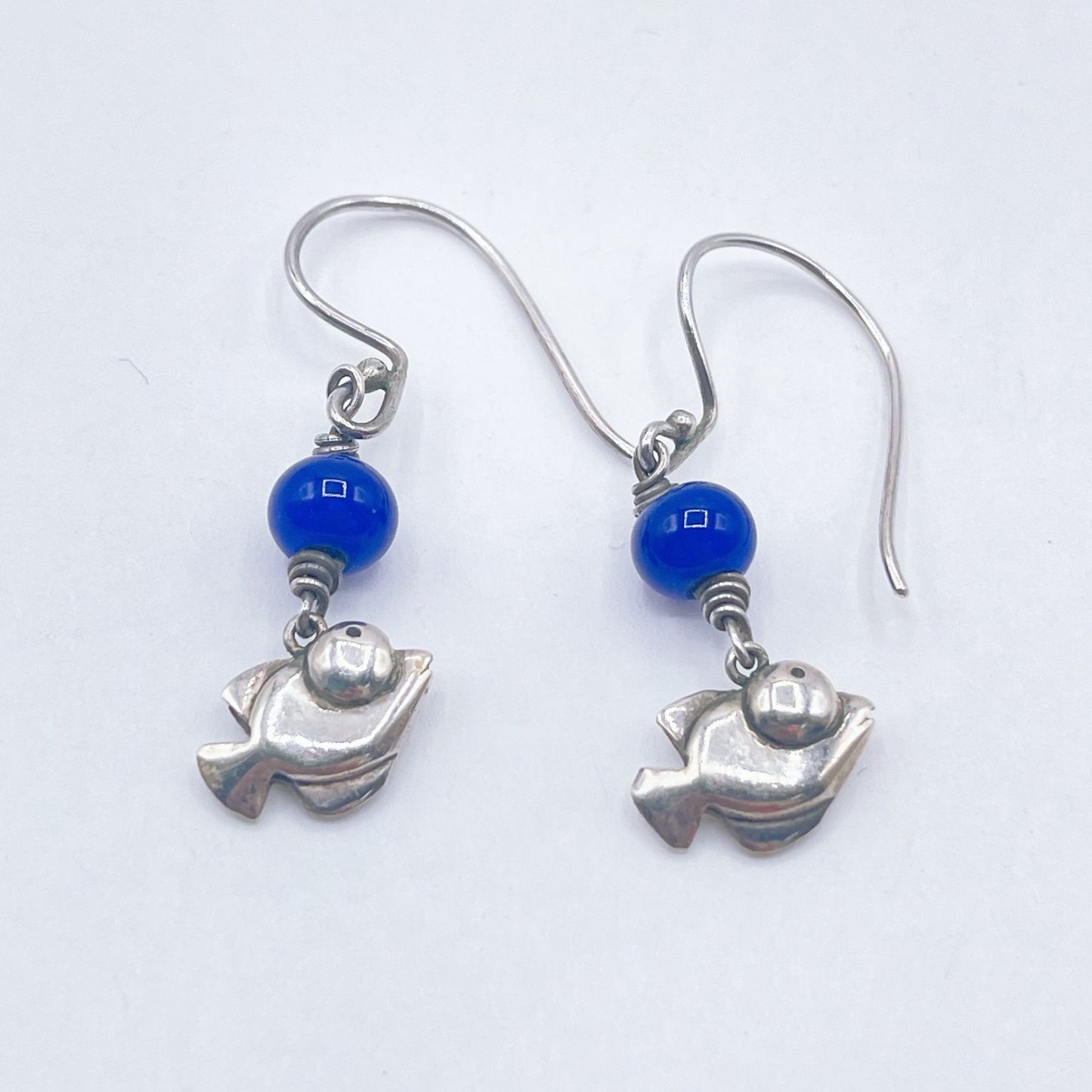 Vintage 925 Sterling Silver & Blue Bead Fish Earrings