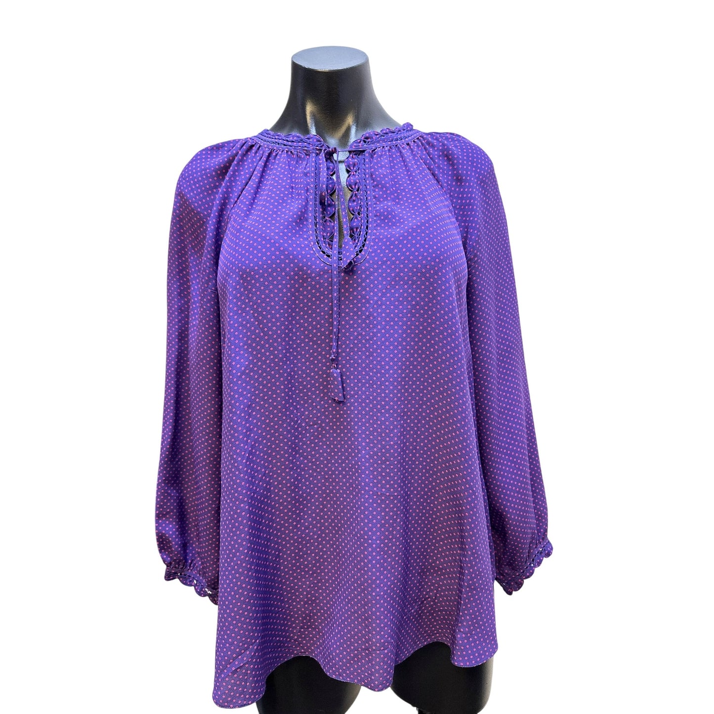 Rebecca Taylor Purple Polka Dot Silk Blouse w/Lace-Up Neckline & Long Sleeves Size S