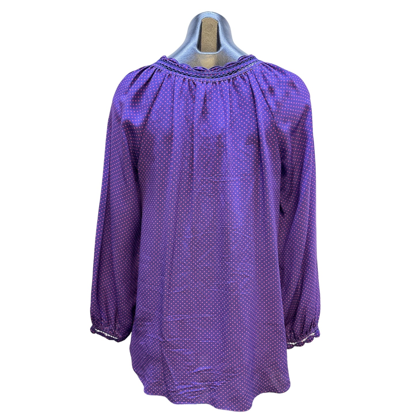 Rebecca Taylor Purple Polka Dot Silk Blouse w/Lace-Up Neckline & Long Sleeves Size S