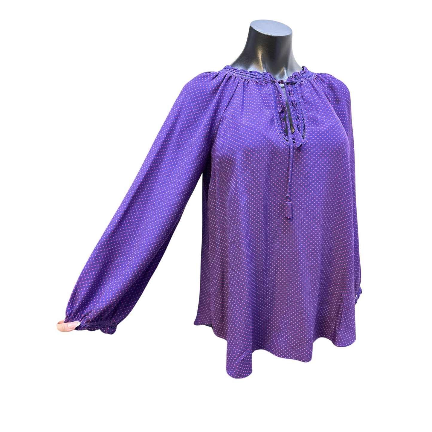 Rebecca Taylor Purple Polka Dot Silk Blouse w/Lace-Up Neckline & Long Sleeves Size S