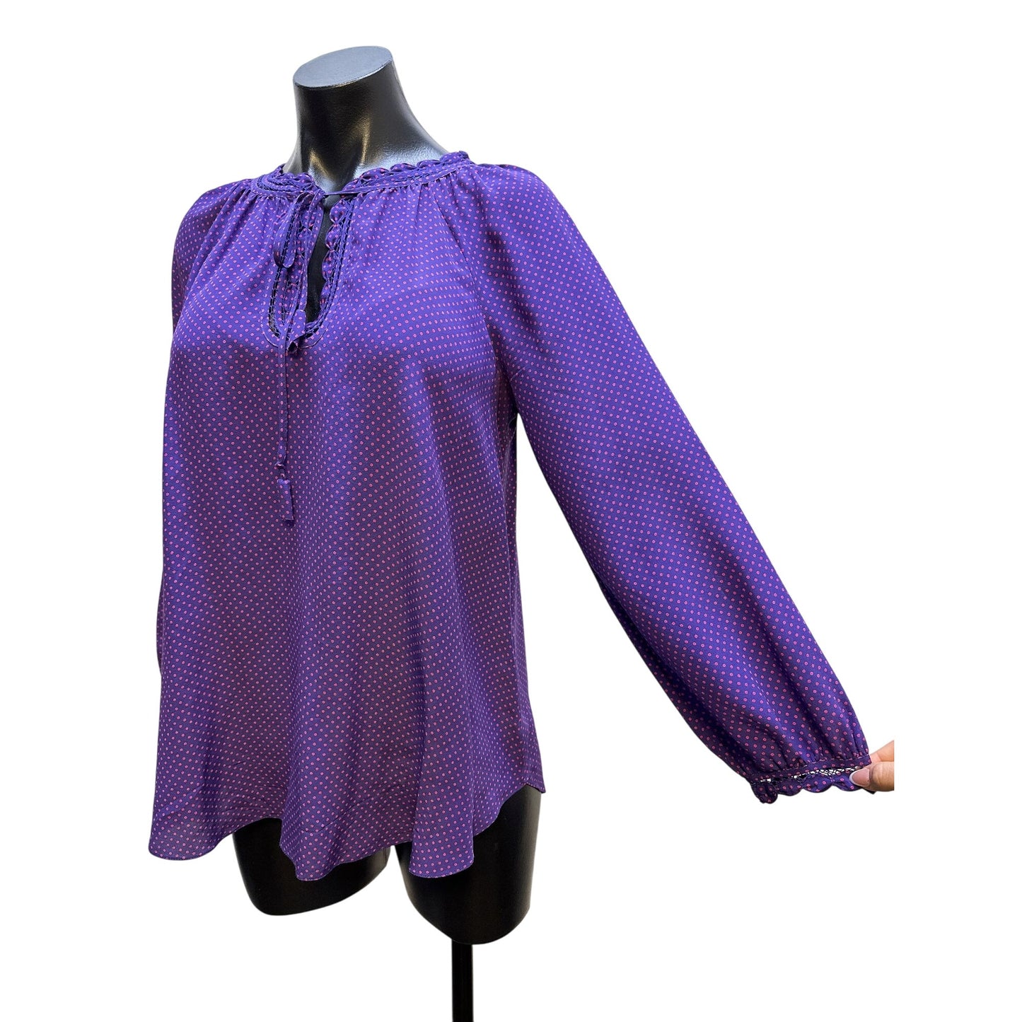 Rebecca Taylor Purple Polka Dot Silk Blouse w/Lace-Up Neckline & Long Sleeves Size S