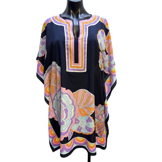 Trina Turk Vintage Floral Print Kaftan Tunic Dress Geometric Border Design OS