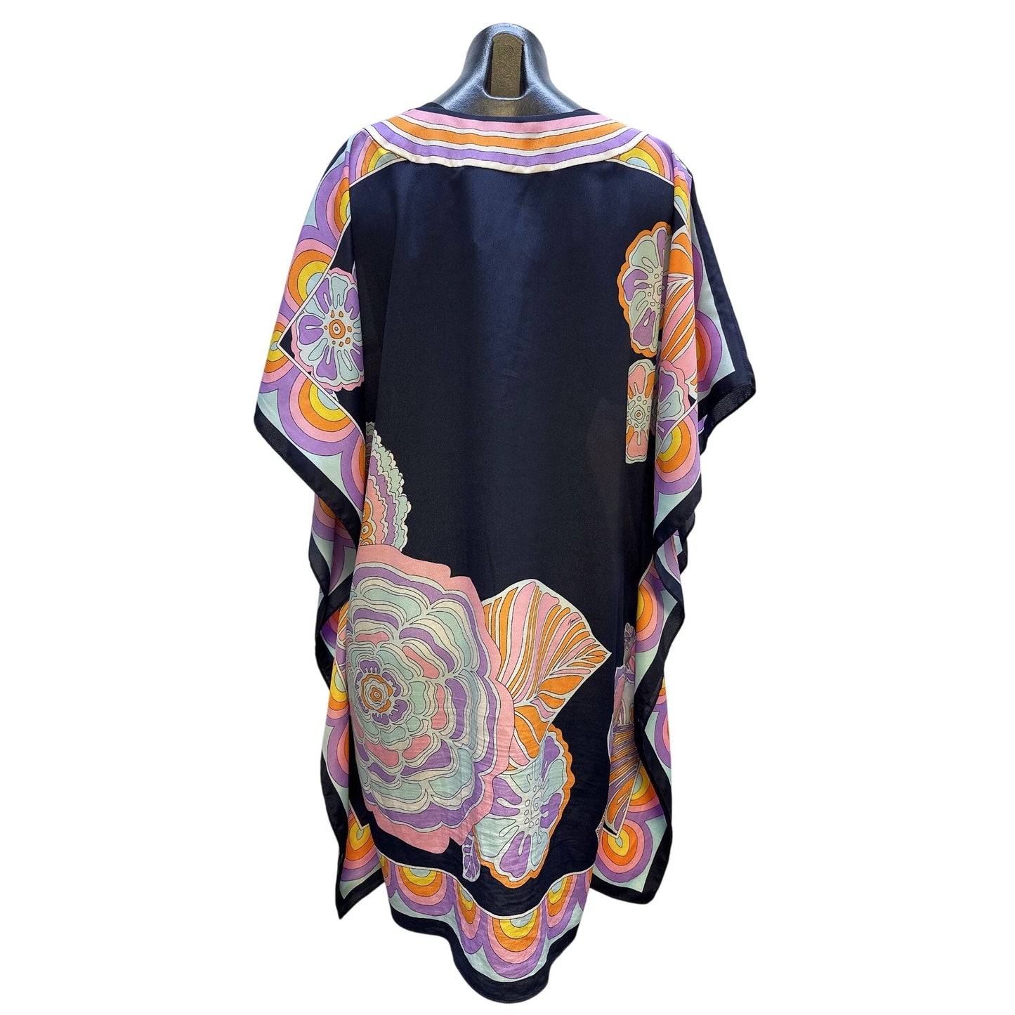 Trina Turk Vintage Floral Print Kaftan Tunic Dress Geometric Border Design OS