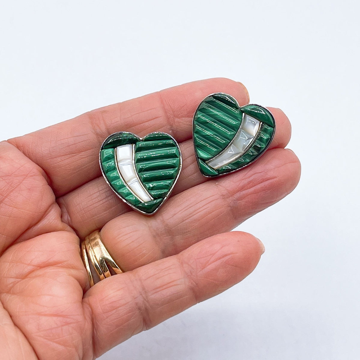 Jay King DTR Mine Finds 925 Sterling Silver Malachite & MOP Heart Post Earrings