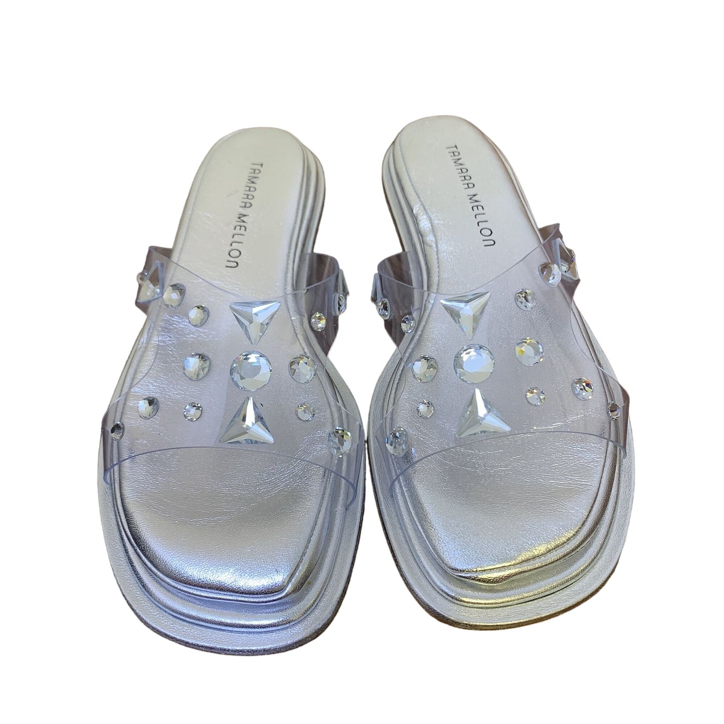 Tamara Mellon Silver & Clear Gem Embellished Slide Sandals 6.5