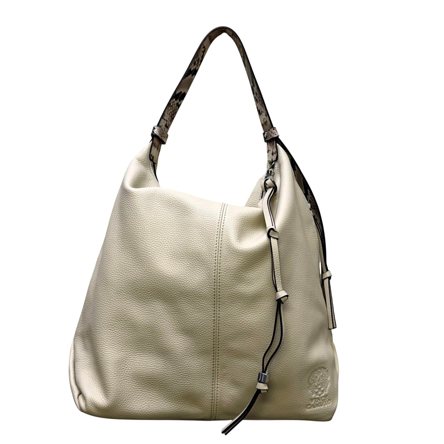 Vince Camuto Cream Leather Hobo Shoulder Bag With Snake-Print Strap