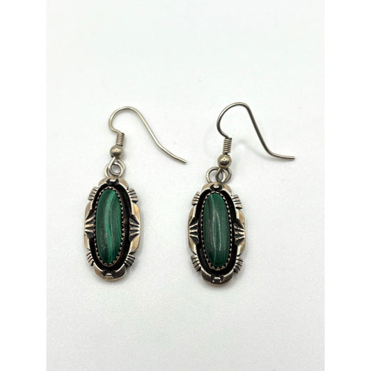 925 Vintage Sterling Silver Native American Navajo Oval Malachite Drop Earrings By DD