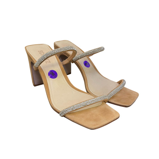 Schutz Tan & Silver Embellished Strappy Square-Toe Heeled Sandals 8