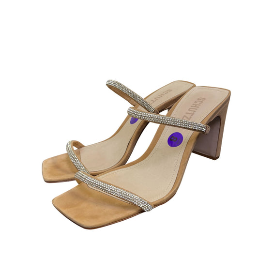 Schutz Tan & Silver Embellished Strappy Square-Toe Heeled Sandals 8