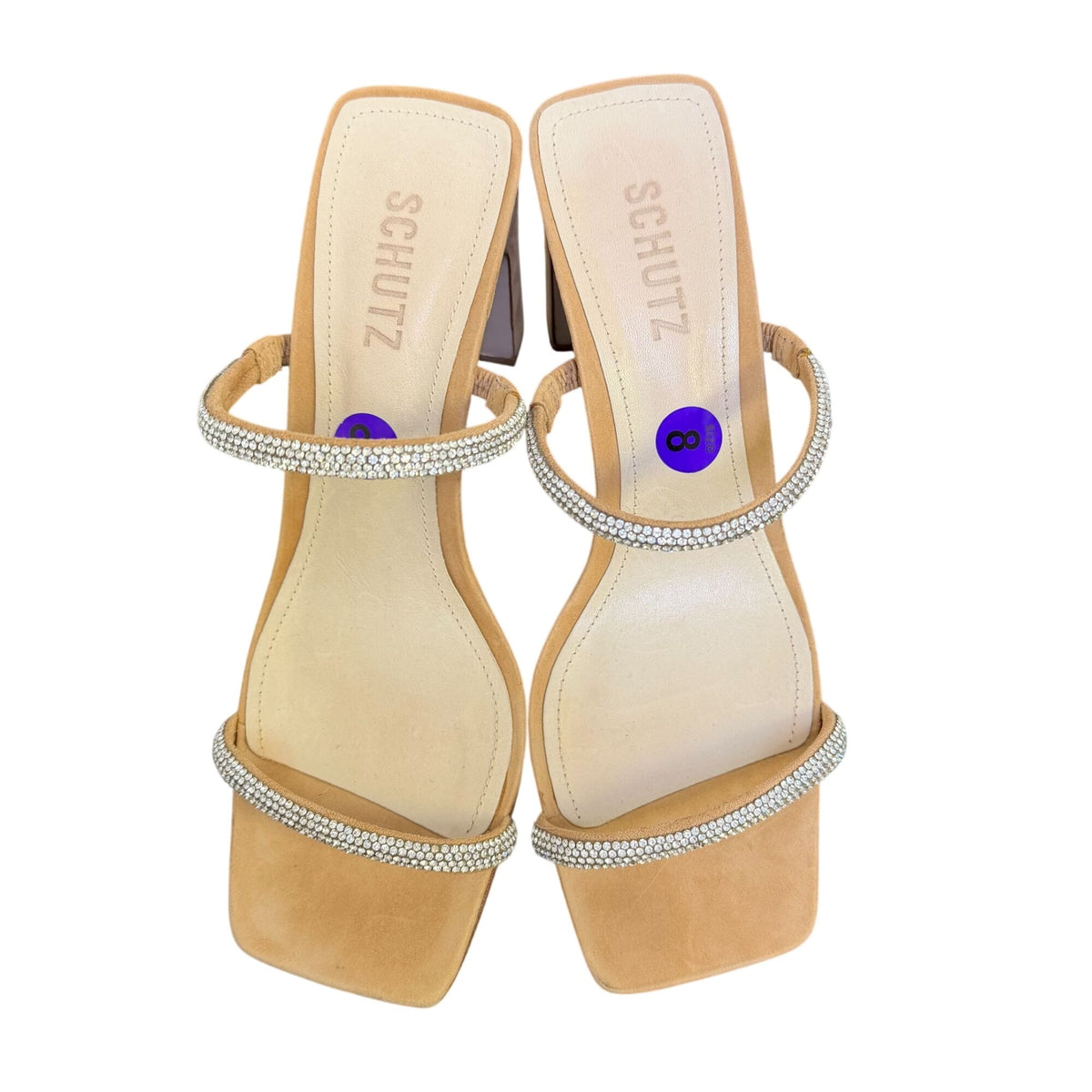 Schutz Tan & Silver Embellished Strappy Square-Toe Heeled Sandals 8