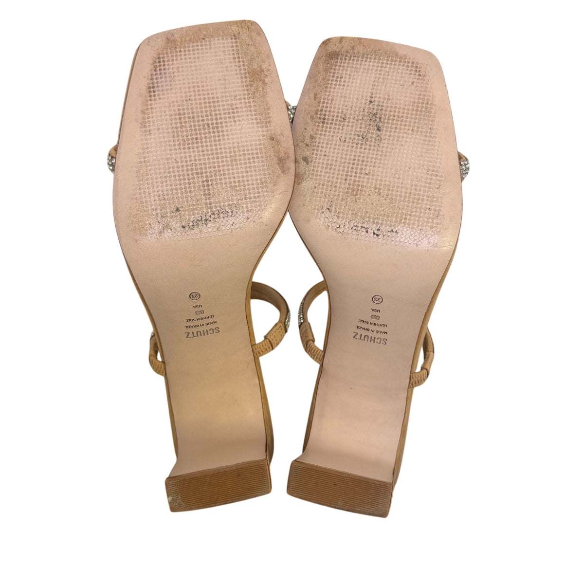 Schutz Tan & Silver Embellished Strappy Square-Toe Heeled Sandals 8